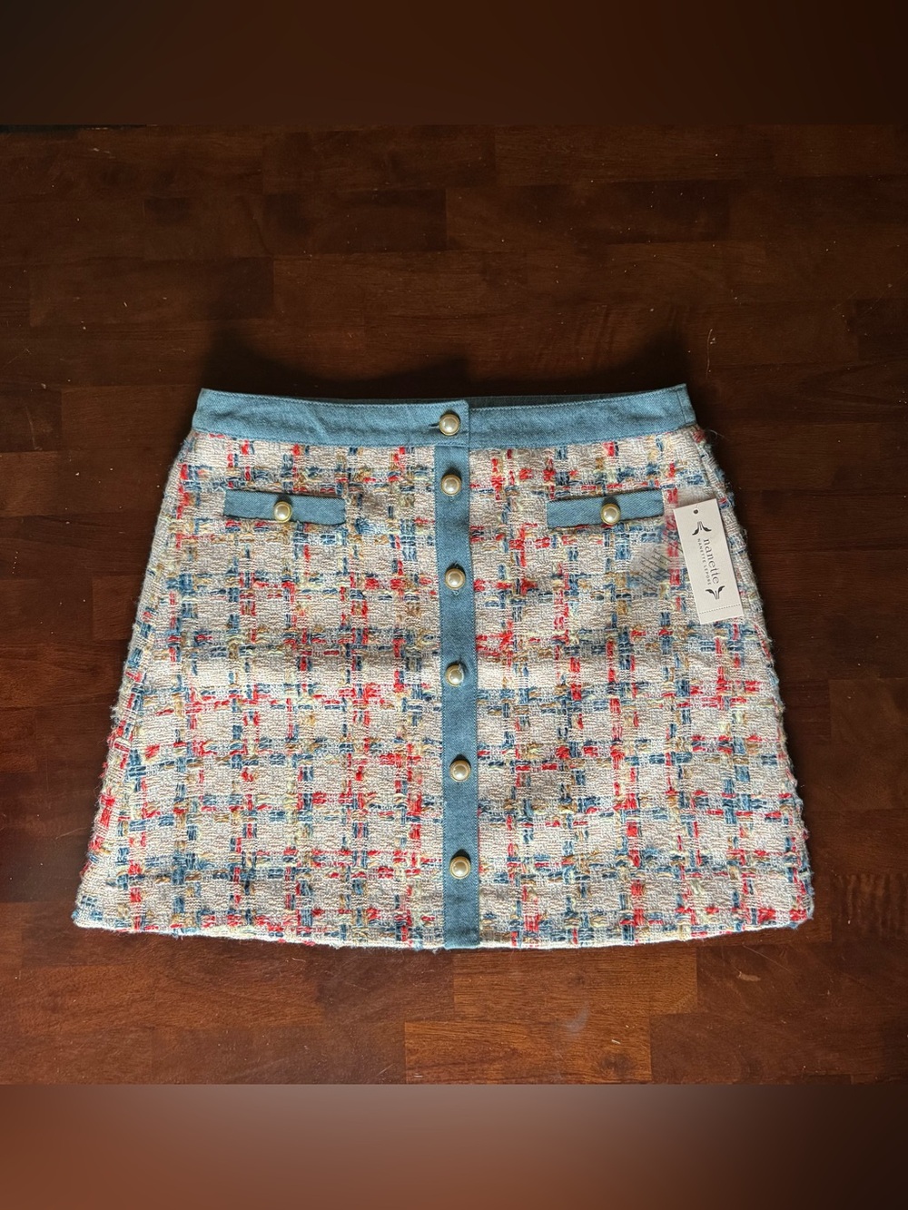 Nanette Lepore Tweed Mini Skirt L NWT Pearl Button Denim Trim